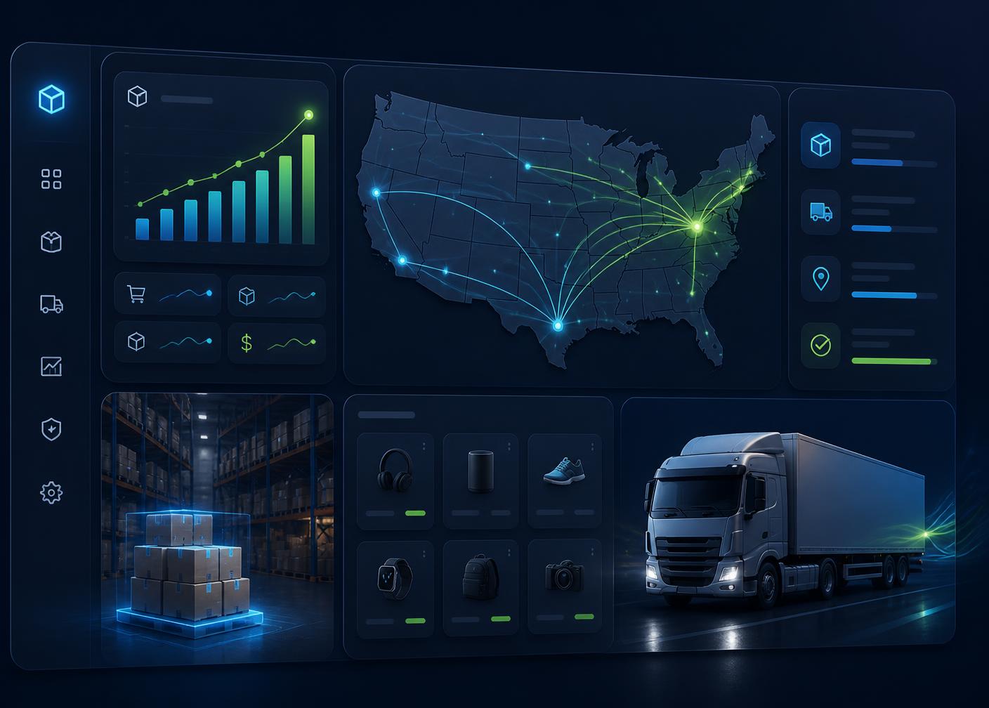 Pure Radian BD warehouse dashboard showing US shipping routes, live order analytics, and same-day fulfillment